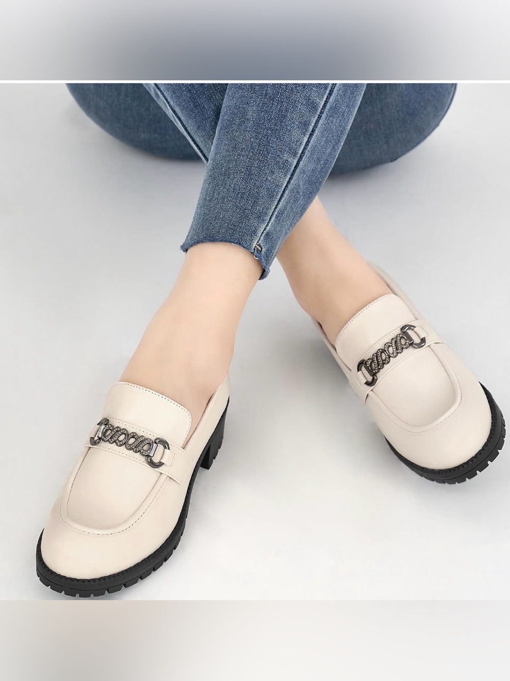 Cream Chain-Trim platform Loafers for Women